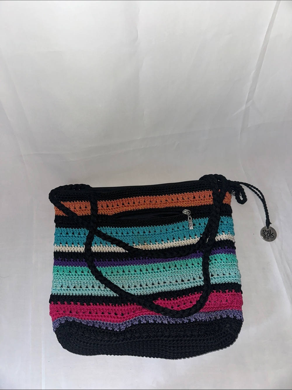 The Sak Originals Crochet Striped Shoulder Bag Tote Boho Multicolor Zip Top